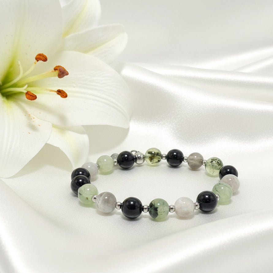 Bracelet protection énergétique, Labradorite, tourmaline noire, préhnite - Secret de Cristaux