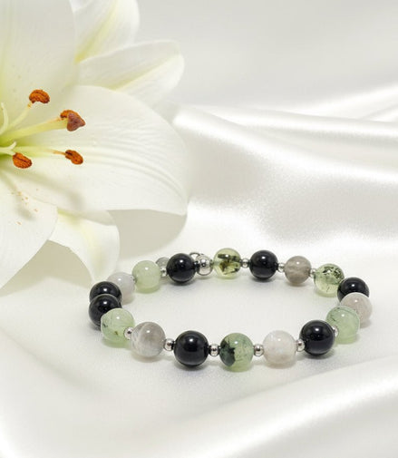 Bracelet protection énergétique, Labradorite, tourmaline noire, préhnite - Secret de Cristaux