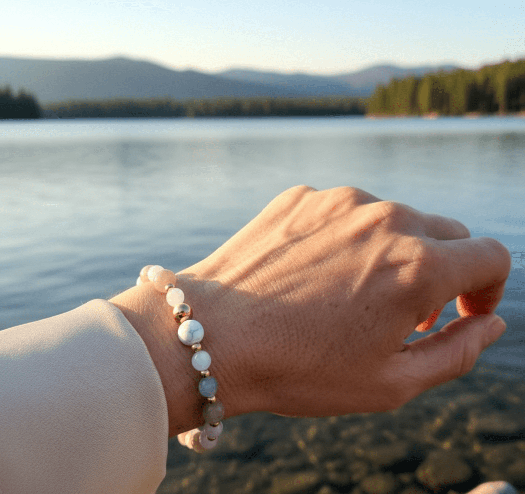 Bracelet ménopause en pierre de lune, calcédoine bleu, howlite - Secret de Cristaux