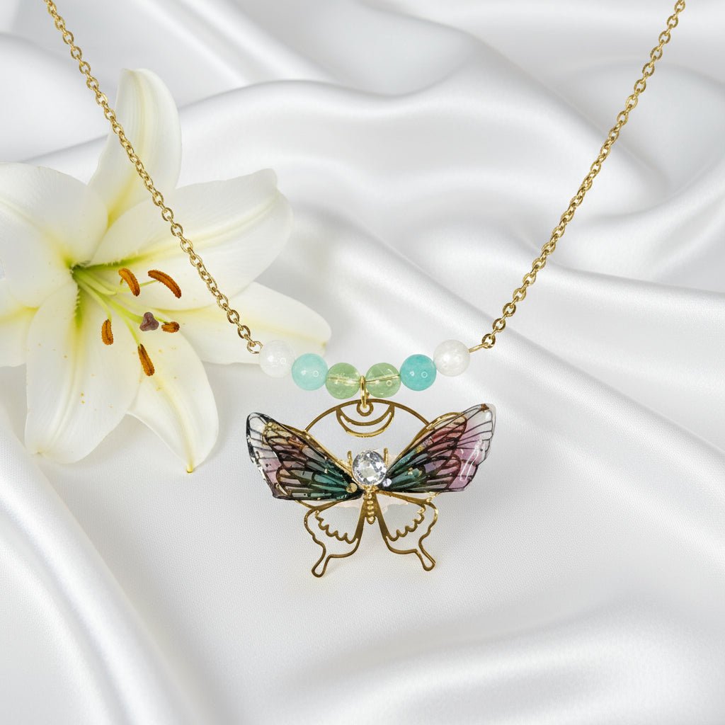 Collier envol de fée, au choix; amazonite, fluorite, pierre de lune arc en ciel - Secret de Cristaux