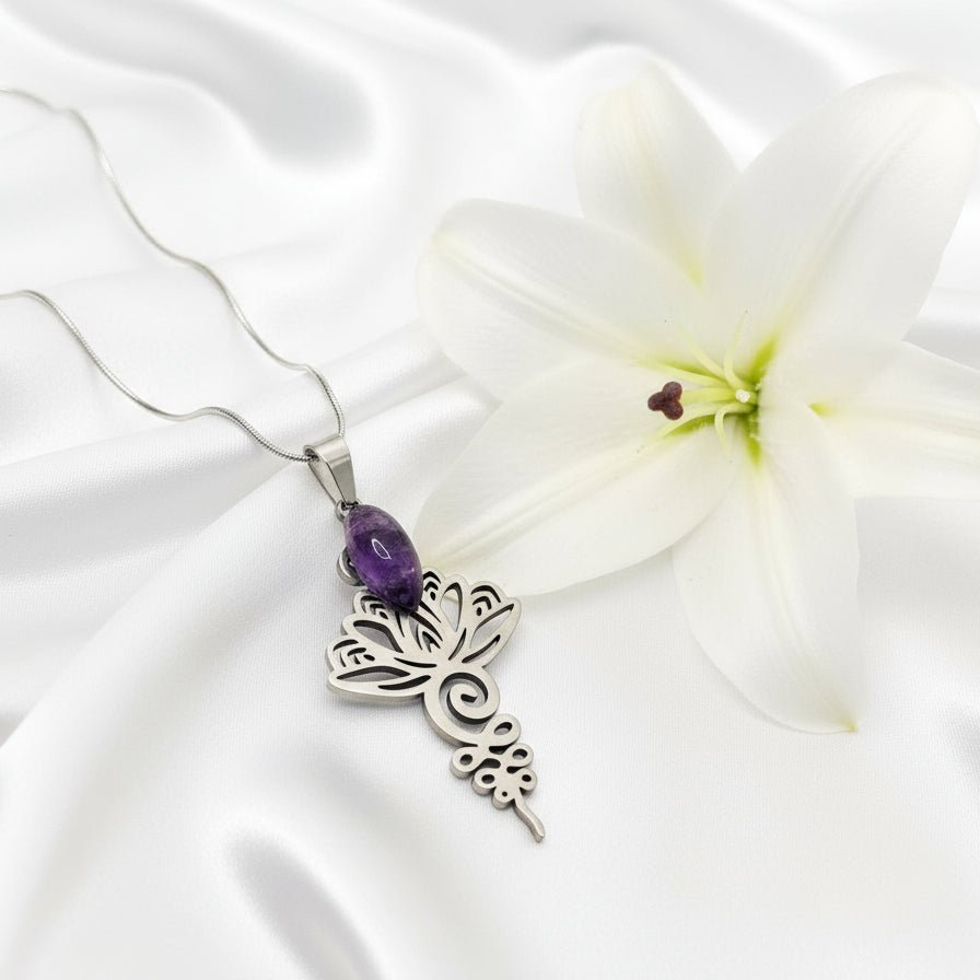 Collier doré ou argenté unalome & améthyste - Secret de Cristaux