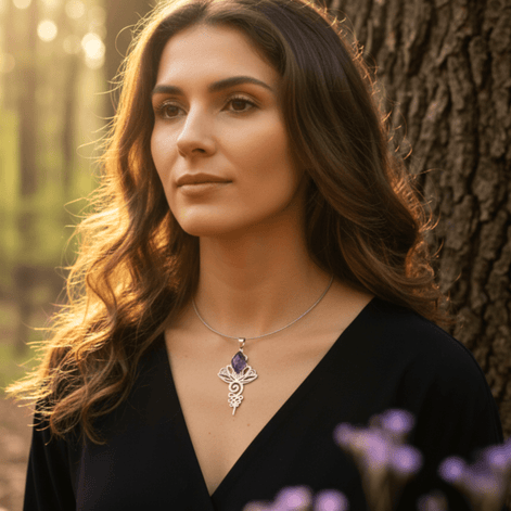 Collier doré ou argenté unalome & améthyste - Secret de Cristaux