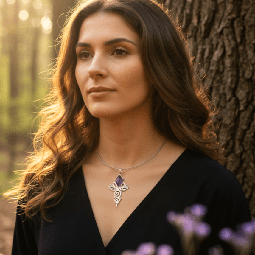 Collier doré ou argenté unalome & améthyste - Secret de Cristaux