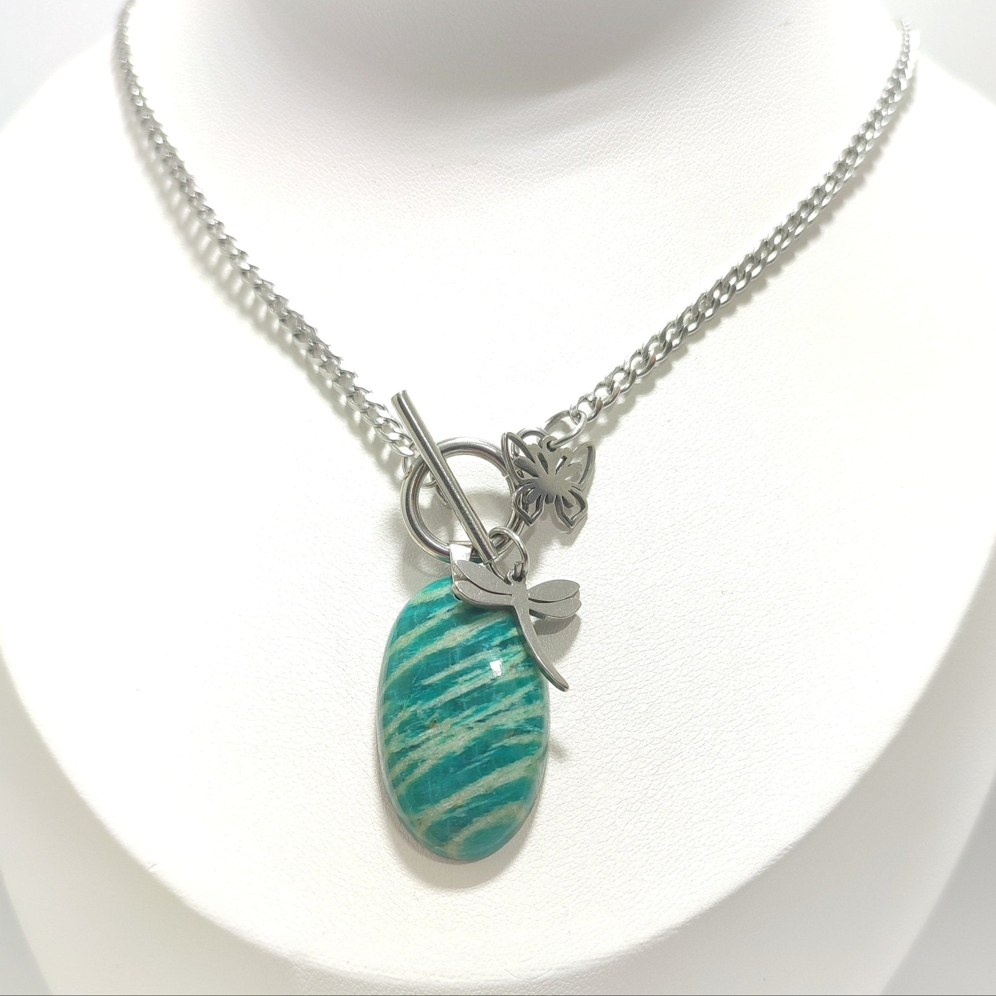 Collier libellule argenté et belle Amazonite extra - Secret de Cristaux