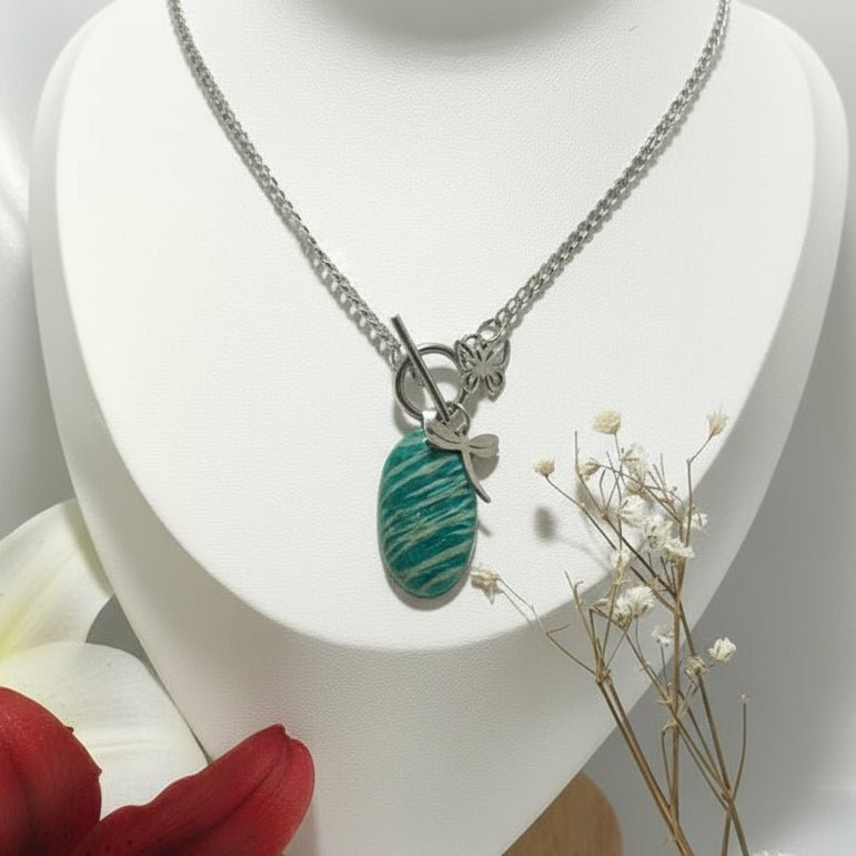 Collier libellule argenté et belle Amazonite extra - Secret de Cristaux