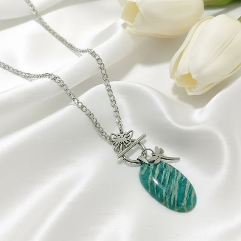 Collier libellule argenté et belle Amazonite extra - Secret de Cristaux