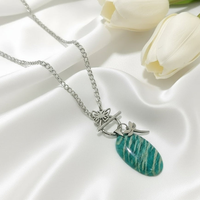 Collier libellule argenté et belle Amazonite extra - Secret de Cristaux