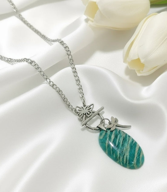 Collier libellule argenté et belle Amazonite extra - Secret de Cristaux
