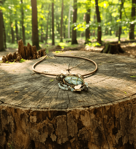 Collier cuir et labradorite sertie Forêt enchantée - Secret de Cristaux