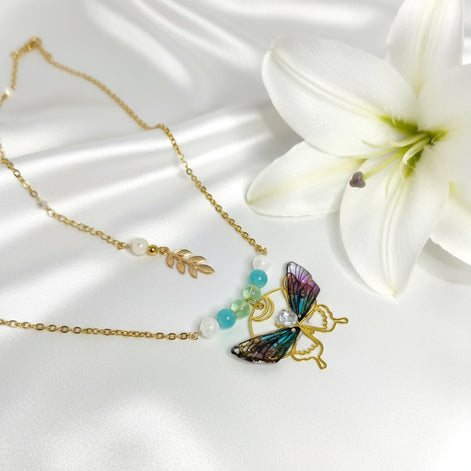 Collier envol de fée, au choix; amazonite, fluorite, pierre de lune arc en ciel - Secret de Cristaux