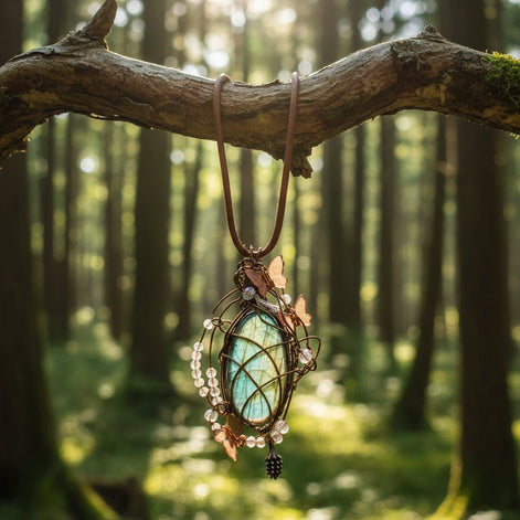 Collier cuir et labradorite sertie Forêt enchantée - Secret de Cristaux