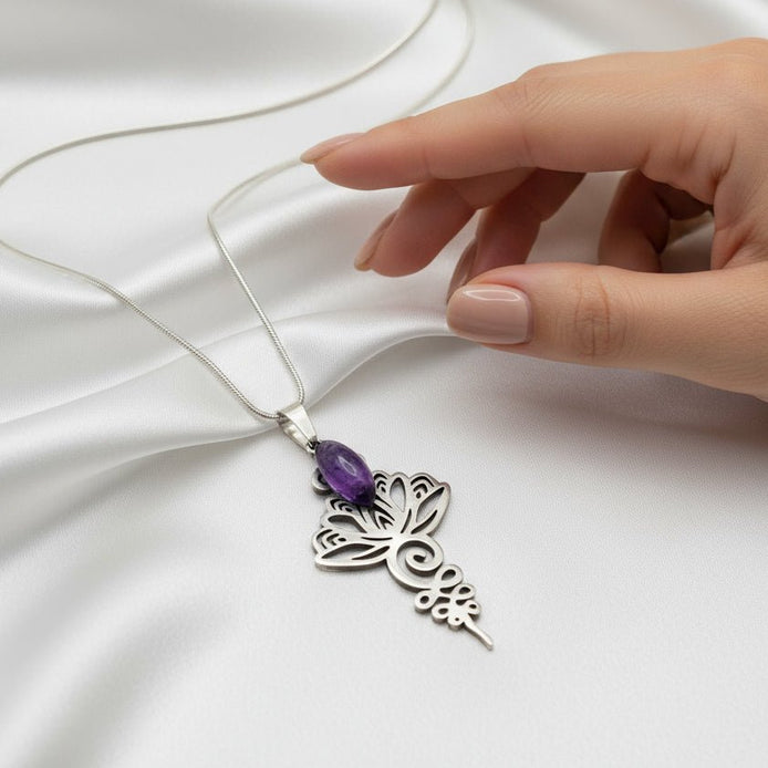 Collier doré ou argenté unalome & améthyste - Secret de Cristaux