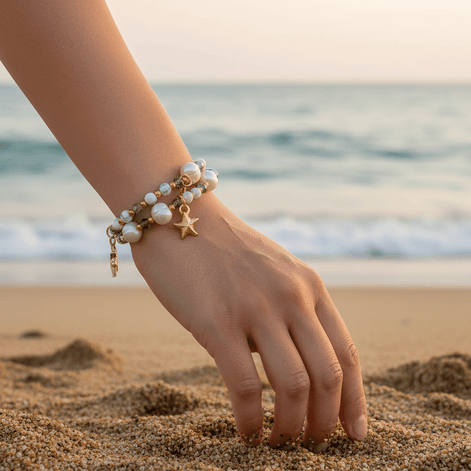 Collier 2 en 1 Éclat d’Écume en perles d'howlite, d'eau douce, et étoiles de mer. - Secret de Cristaux