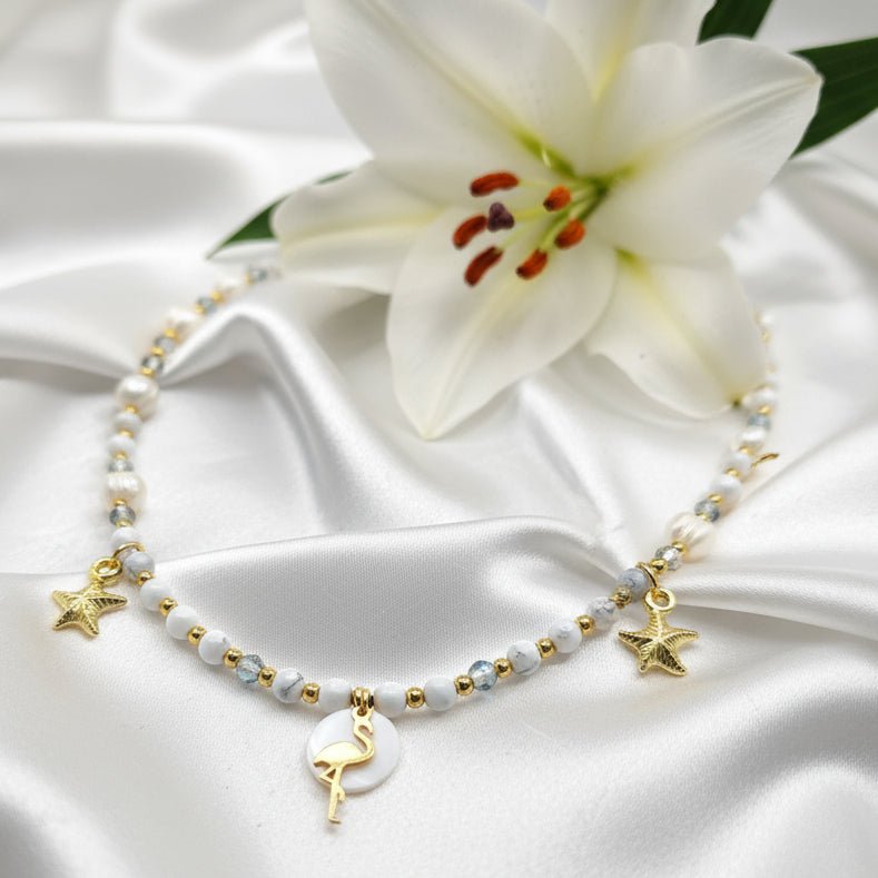 Collier 2 en 1 Éclat d’Écume en perles d'howlite, d'eau douce, et étoiles de mer. - Secret de Cristaux