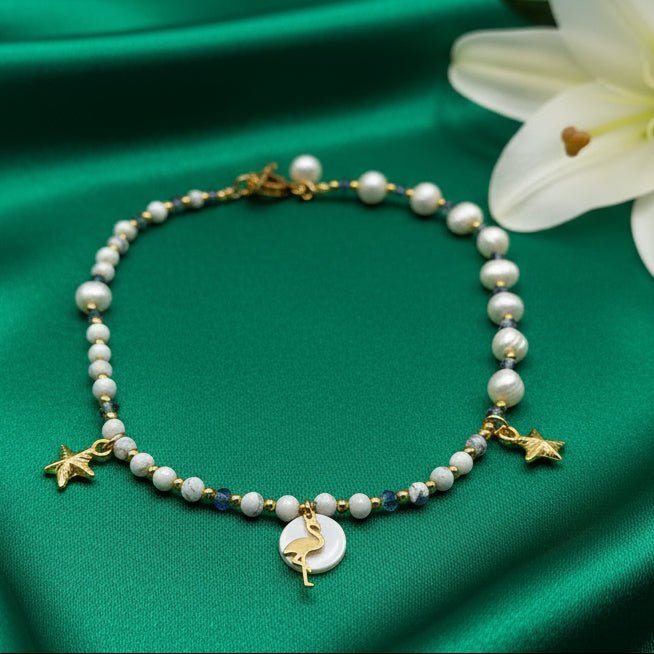 Collier 2 en 1 Éclat d’Écume en perles d'howlite, d'eau douce, et étoiles de mer. - Secret de Cristaux