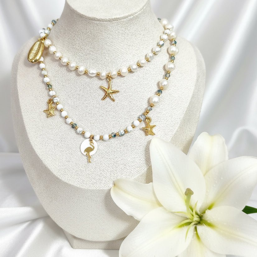 Collier 2 en 1 Éclat d’Écume en perles d'howlite, d'eau douce, et étoiles de mer. - Secret de Cristaux