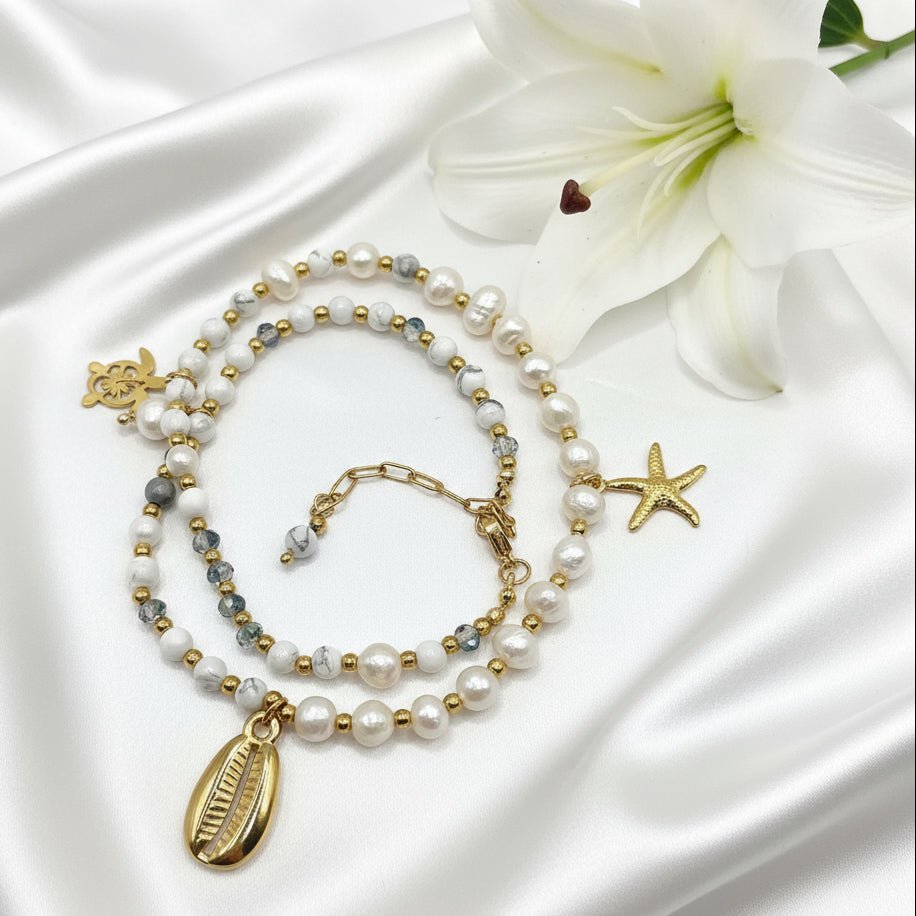 Collier 2 en 1 Éclat d’Écume en perles d'howlite, d'eau douce, et étoiles de mer. - Secret de Cristaux