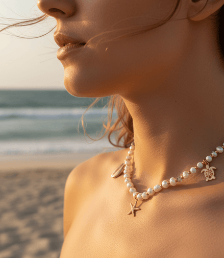 Collier 2 en 1 Éclat d’Écume en perles d'howlite, d'eau douce, et étoiles de mer. - Secret de Cristaux