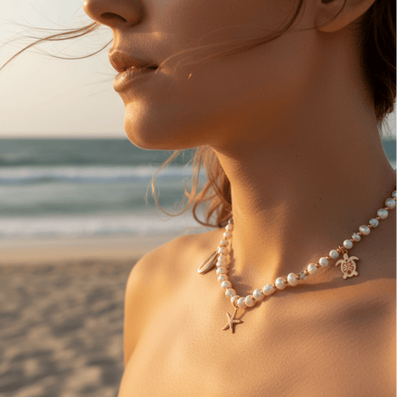 Collier 2 en 1 Éclat d’Écume en perles d'howlite, d'eau douce, et étoiles de mer. - Secret de Cristaux