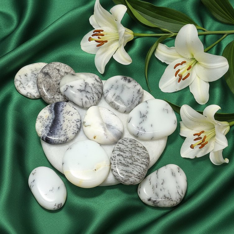 Merlinite, sur collier ou en Galet, agate opale dendritique - Secret de Cristaux