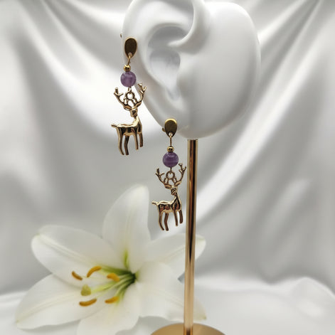Boucles d'oreilles Cerf en labradorite, améthyste