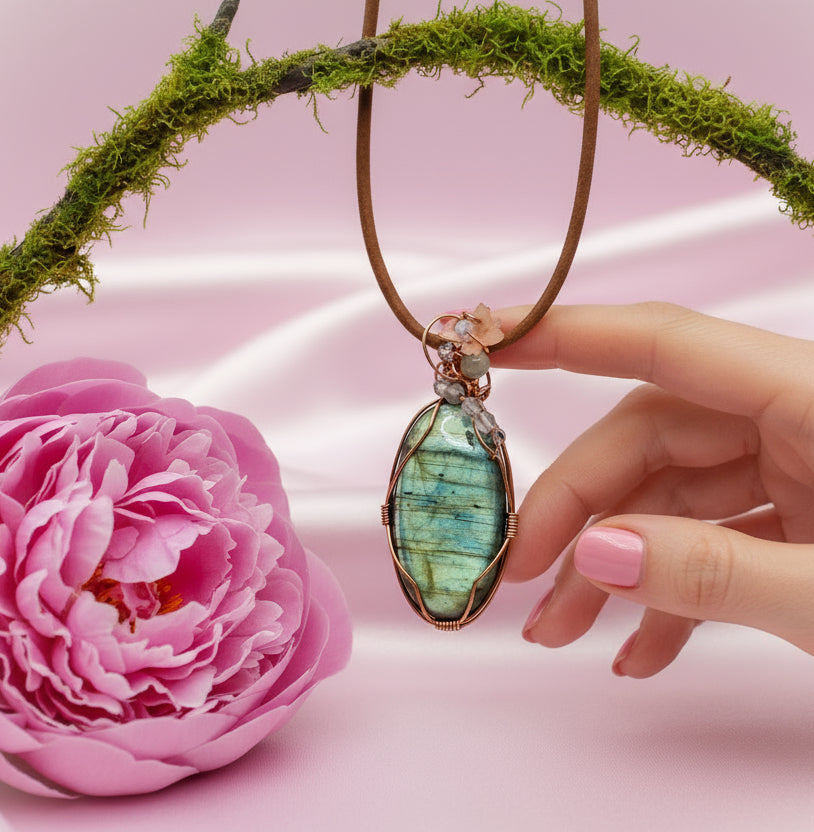 Collier et sa labradorite féerique, sertie de cuivre et de papillon