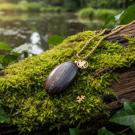Collier long doré et oeil de fer sur bélière acier inoxydable