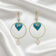 Boucles d'oreilles dorées coeur, quartz rose