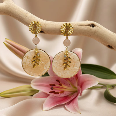 Boucles d'oreilles dorées, pierre de lune, acier inoxydable