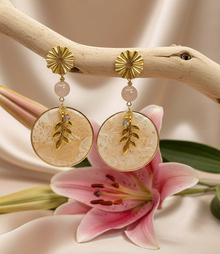 Boucles d'oreilles dorées, pierre de lune, acier inoxydable