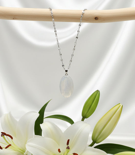 Collier et pierre de lune arc en ciel, péristérite
