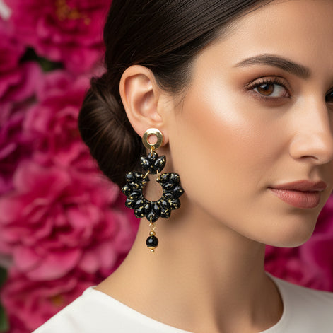 Boucles d'oreilles noire et or et tourmaline noire