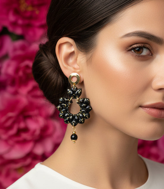 Boucles d'oreilles noire et or et tourmaline noire