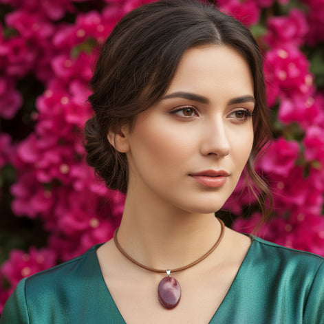 Collier Jaspe Mokaïte violette, Collier cuir naturel et pierre naturelle