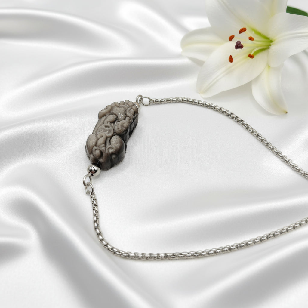 Bracelet Protection et prospérité Pixiu en obsidienne, ajustable argenté en acier inoxydable
