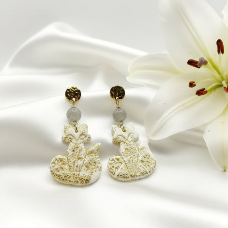 Boucles d'oreilles dorées labradorite et empreinte renard