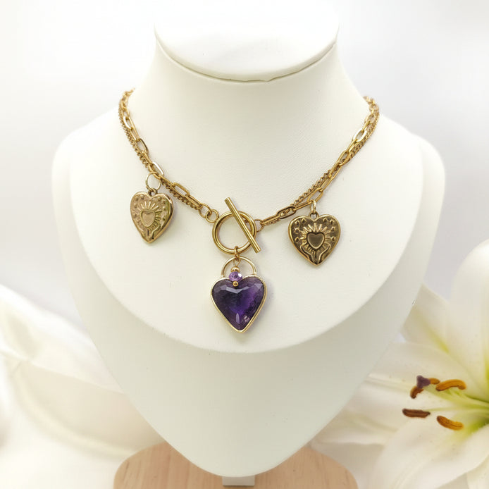 collier chic en améthyste avec gros coeur