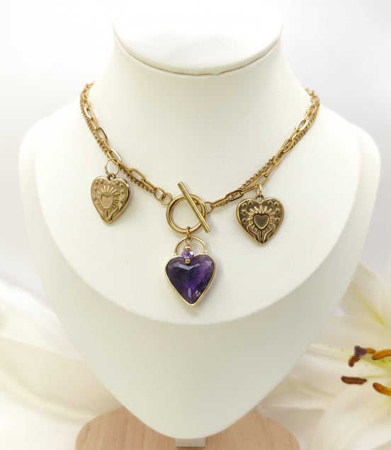 collier chic en améthyste avec gros coeur