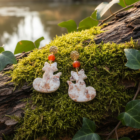 Boucles d'oreilles renard argenté et cornaline facetté