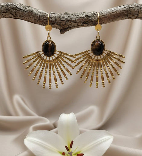 Boucles d'oreilles doré et oeil de tigre