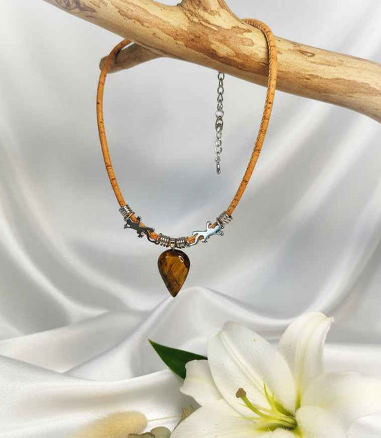 Collier gardien solaire en liège et oeil de tigre