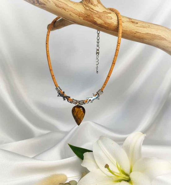 Collier gardien solaire en liège et oeil de tigre