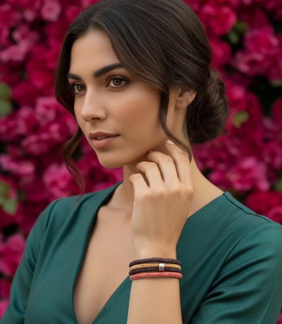 bracelet liege femme multirangs rose marron