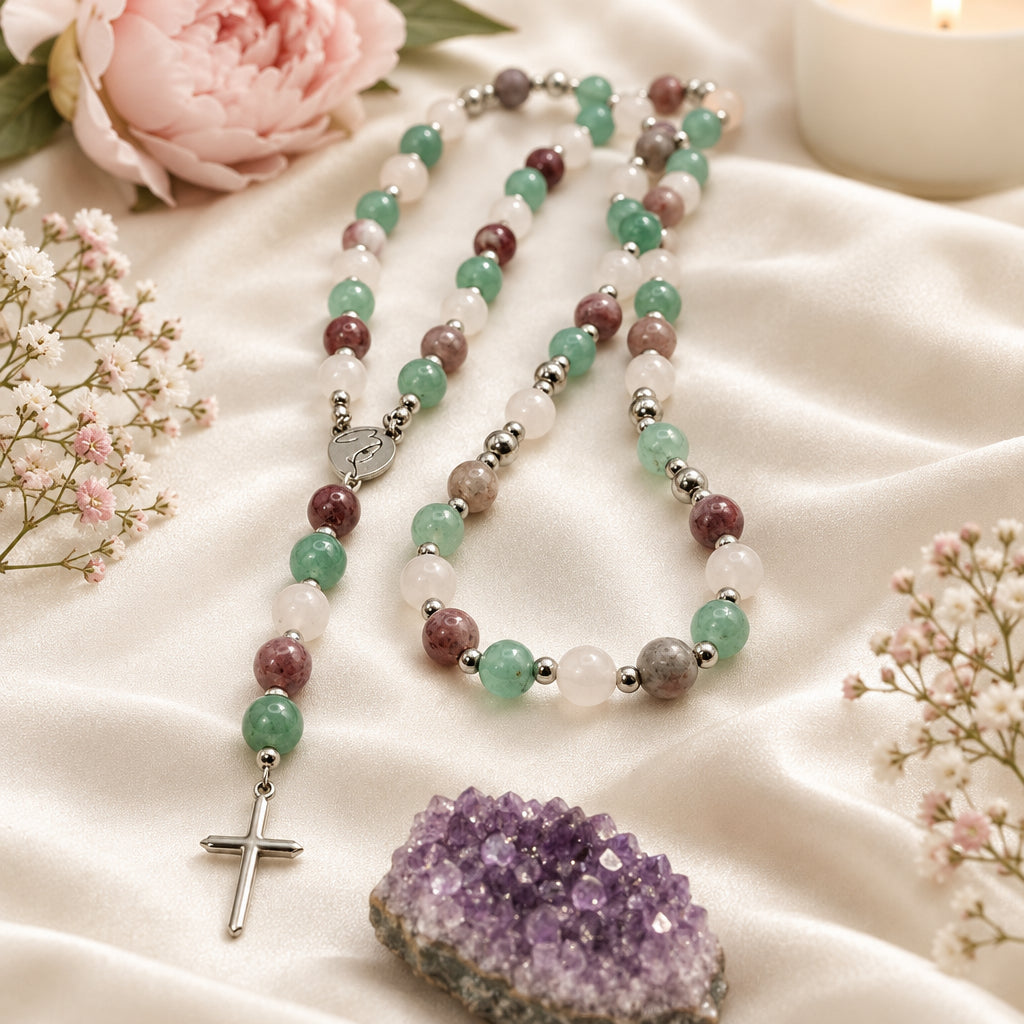 Chapelet en pierres de quartz rose, aventurine verte et tourmaline rose 
