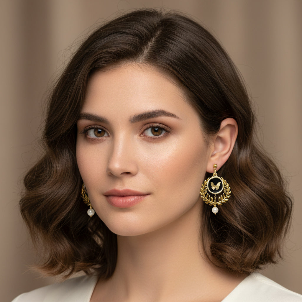 boucles d'oreilles doré papillon pierre de lune