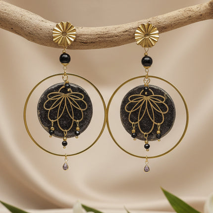 Boucles d'oreilles Esméralda noire et or et tourmaline noire
