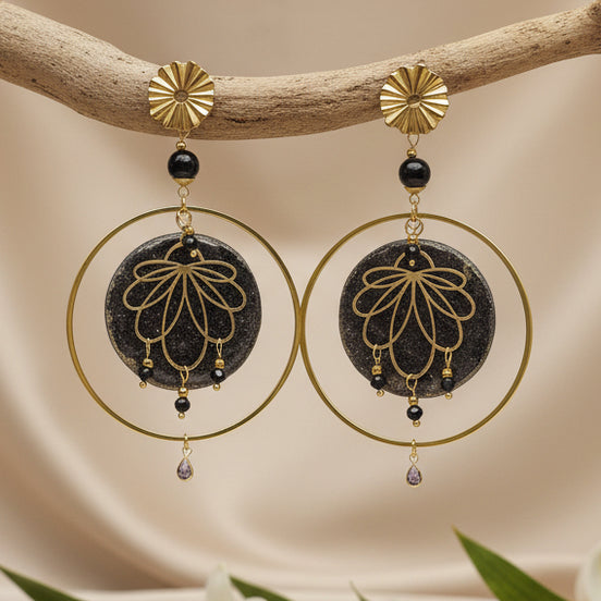 Boucles d'oreilles Esméralda noire et or et tourmaline noire