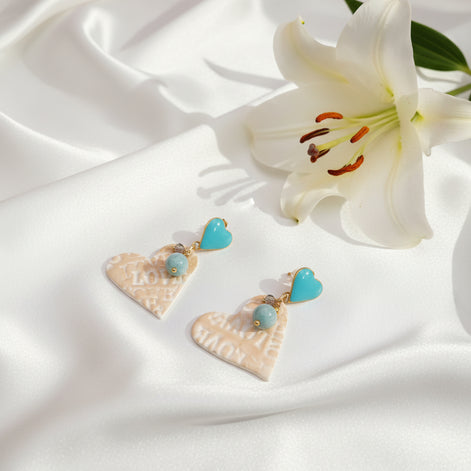 Boucles d’oreilles coeur turquoise doré, amazonite et coeur en polymère