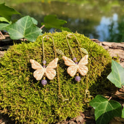 Boucles d'oreilles papillon rose dorées, améthyste & polymère