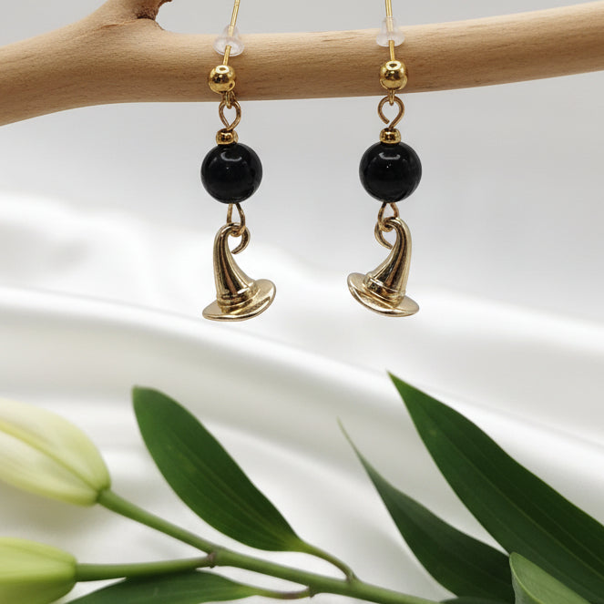 boucles d oreille sorcière chapeau obsidienne